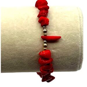 Vintage Red Coral Bead Bracelet With Liquid Silver Beads